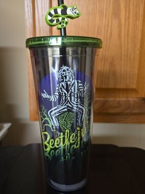 Brand New- Beetlejuice Green Striped Character Tumbler with Lid and Straw